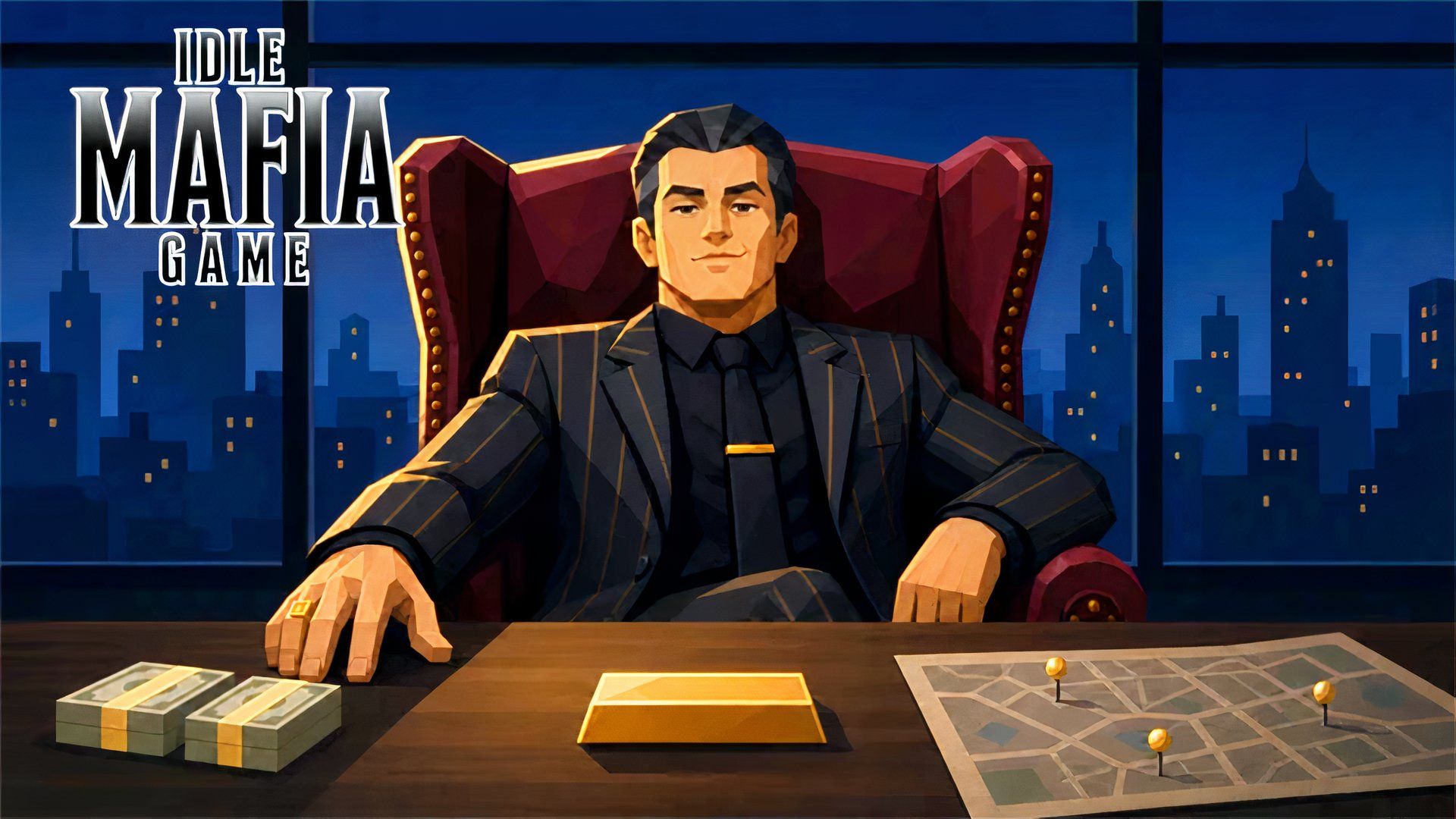 Idle Mafia Game new roblox games mafia boss in a chair with money and a map