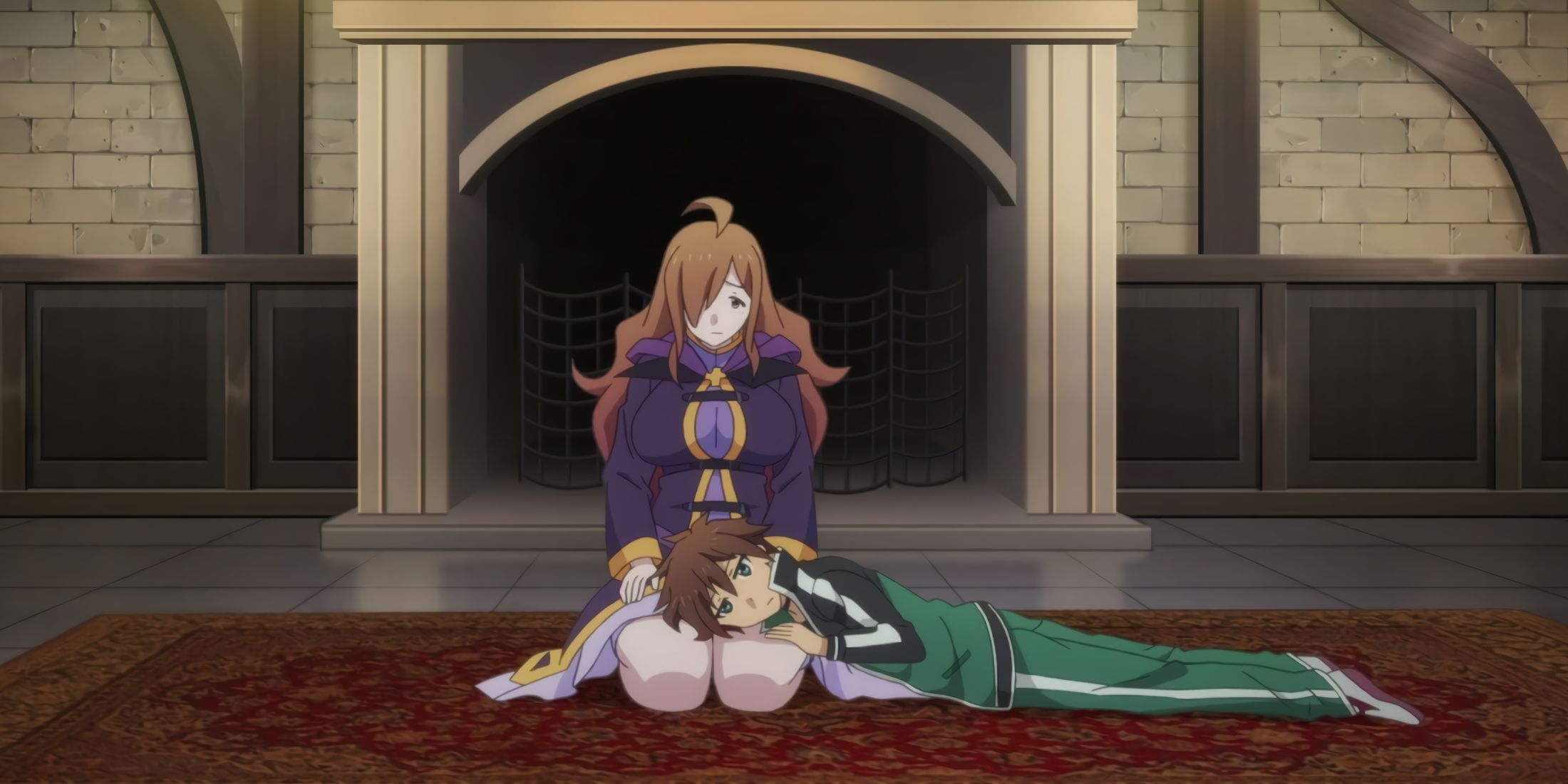 Kazuma resting on Wiz's legs