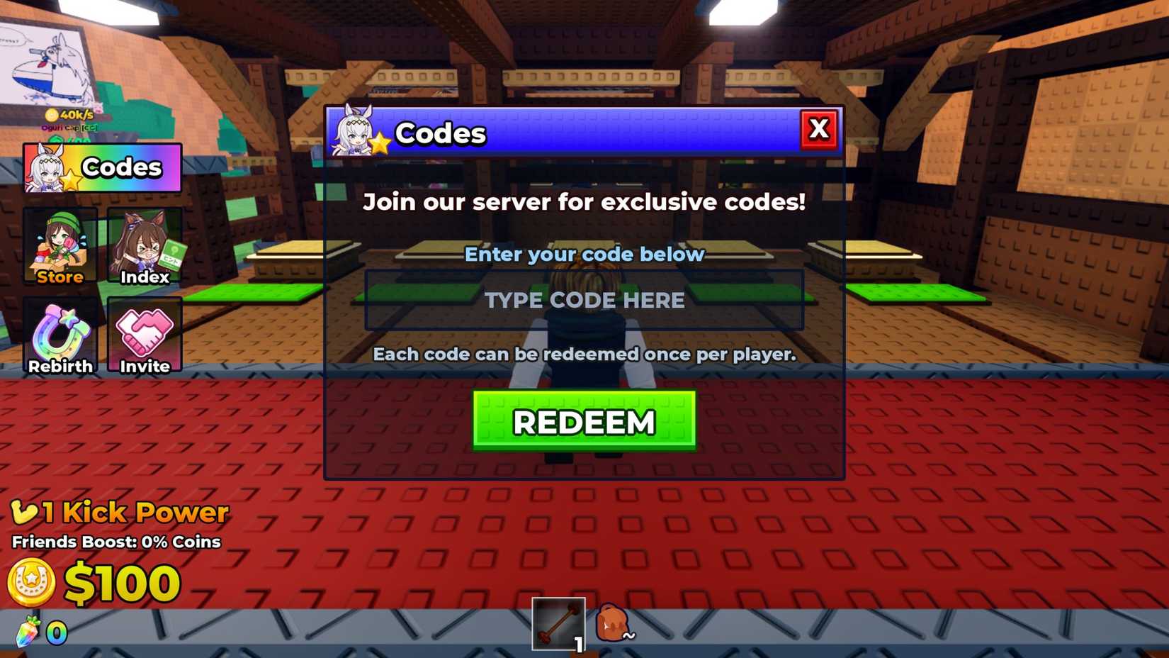 Kick an Uma the codes tab