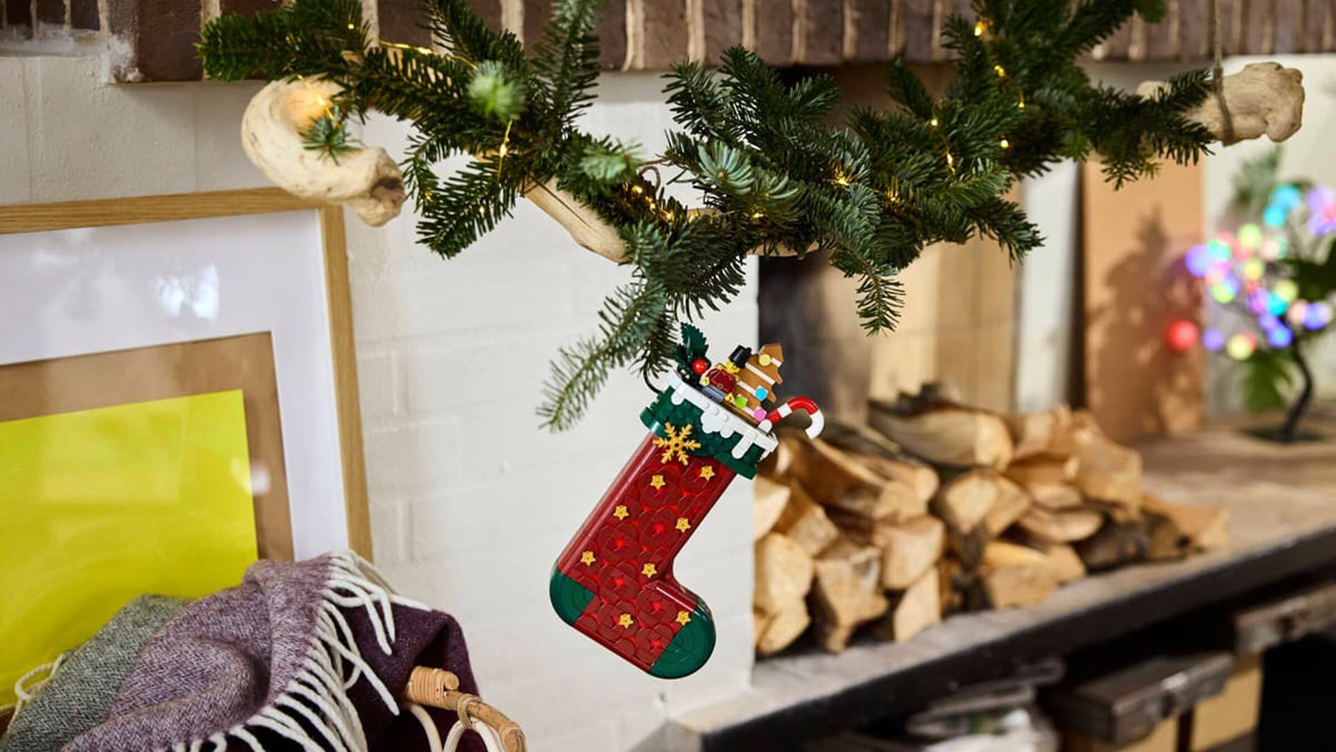 lego chrstimas stocking on a tree