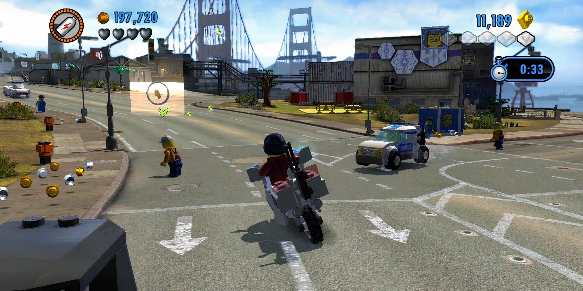 LEGO motorbike in city infront of bridge and cars