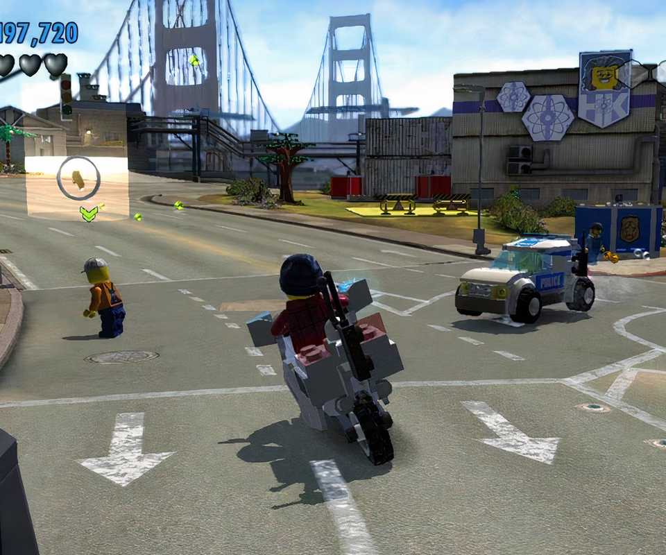 LEGO motorbike in city infront of bridge and cars