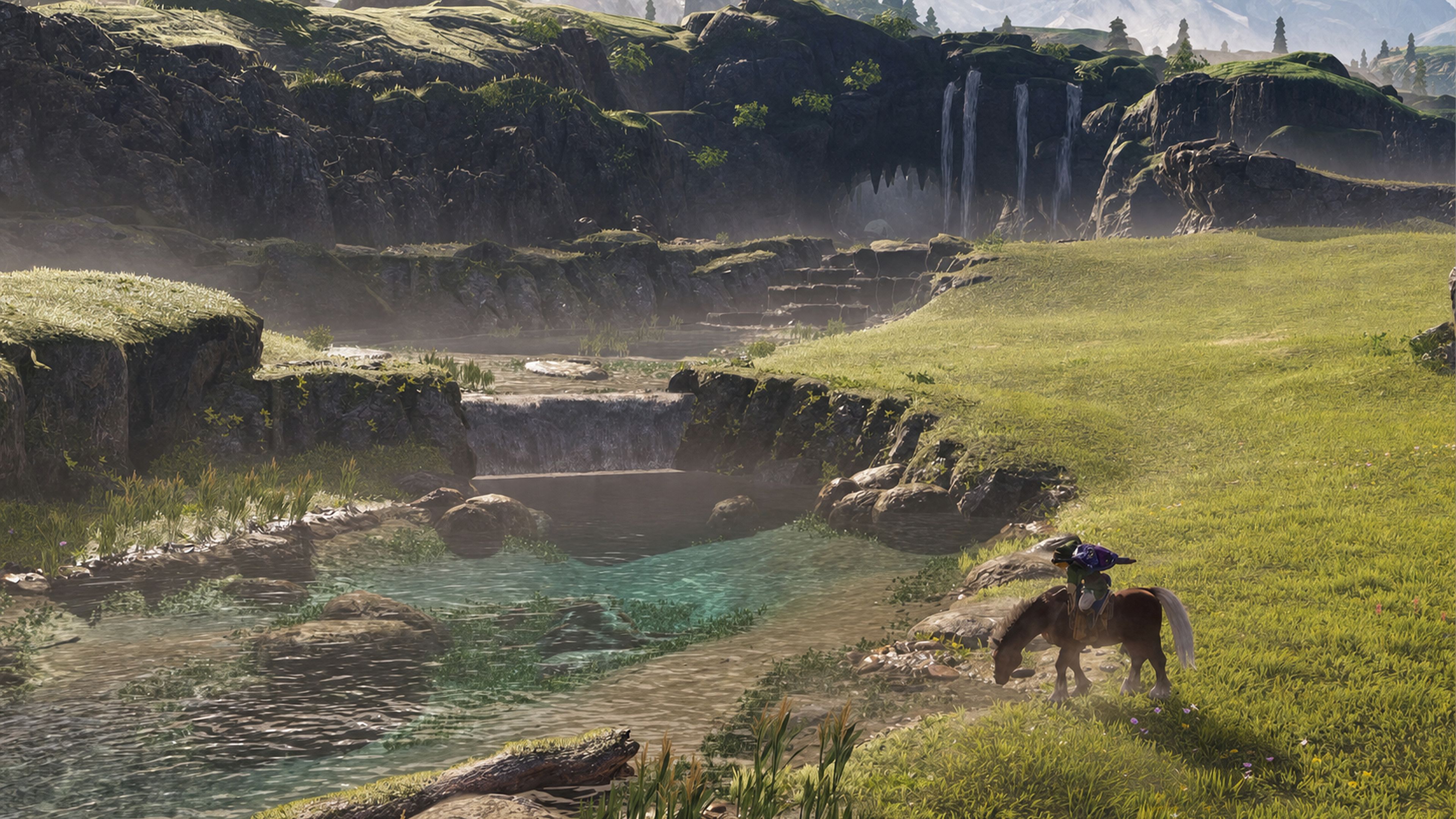 Link and Epona near a stream in Hyrule Field in the Zelda Ocarina of Time remake on Switch 2