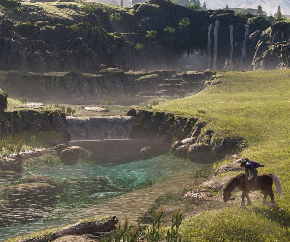 Link and Epona near a stream in Hyrule Field in the Zelda Ocarina of Time remake on Switch 2