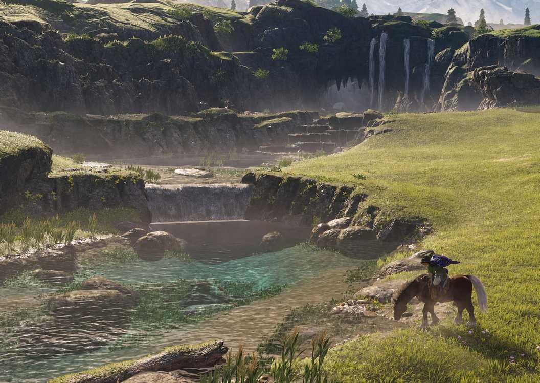 Zelda: Ocarina of Time Baru Saja Memperbaiki Masalah Eksplorasi Paling Menyebalkan di Klasik N64 8 Link and Epona near a stream in Hyrule Field in the Zelda Ocarina of Time remake on Switch 2