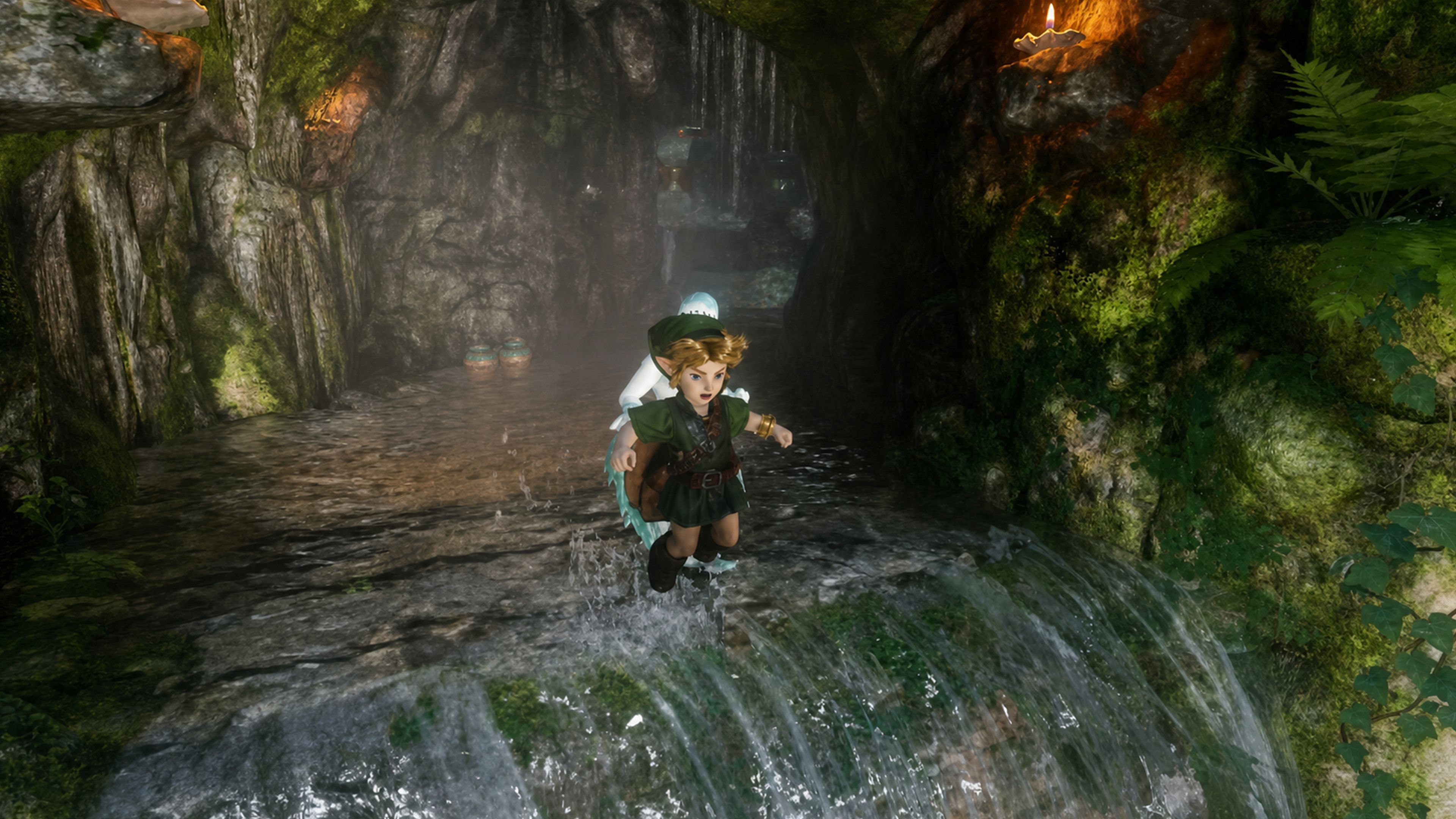 Link jumping off a waterfall in Zora's Domain in the Zelda Ocarina of Time remake on Switch 2