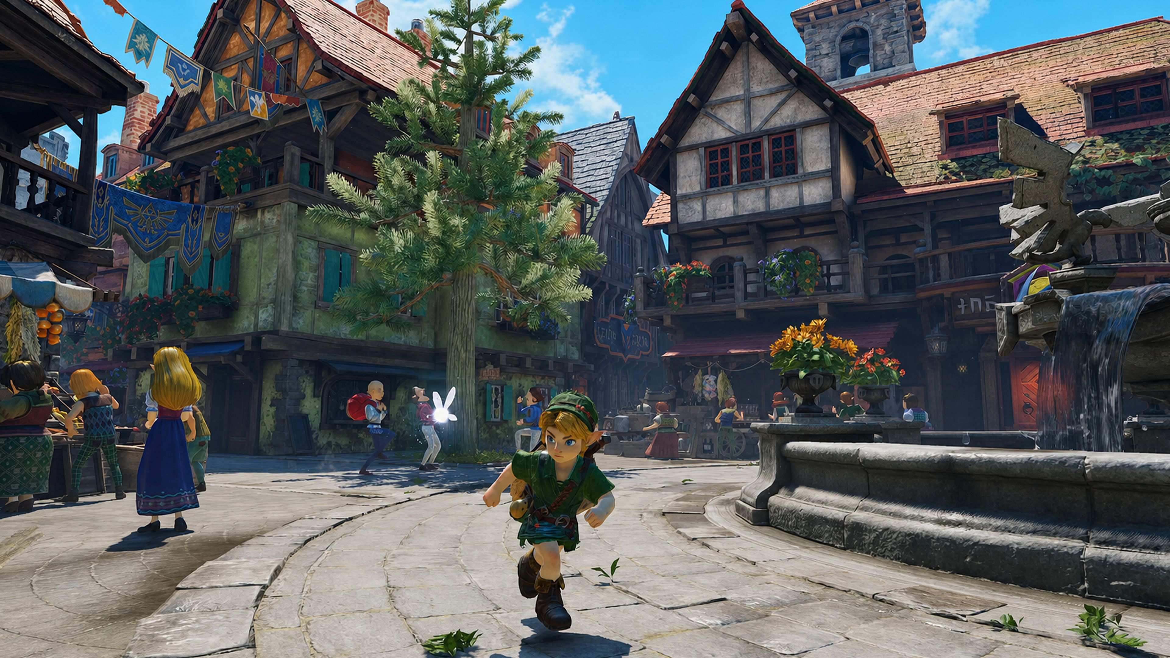 Link running through Hyrule Castle Town in the Zelda Ocarina of Time remake on Switch 2