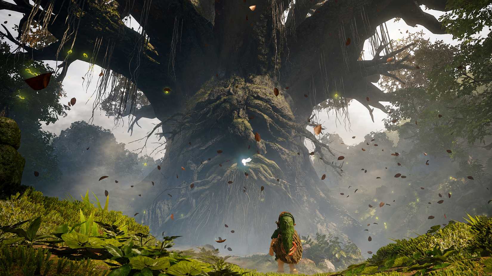 Link standing before the Great Deku Tree in the Ocarina of Time remake on Switch 2