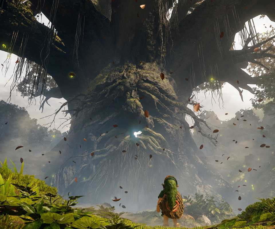 Link standing before the Great Deku Tree in the Ocarina of Time remake on Switch 2