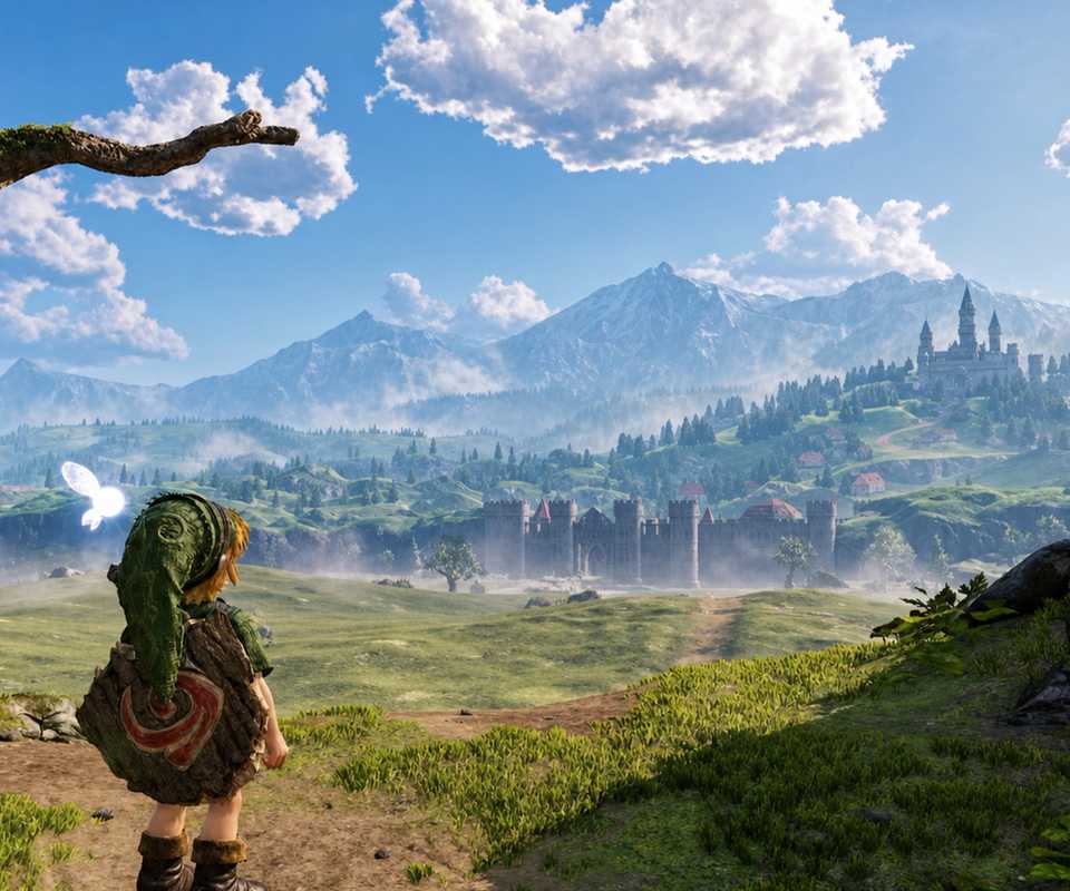 Link stepping out into Hyrule Field in the Zelda Ocarina of Time remake on Switch 2