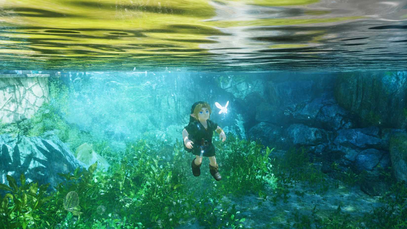 Link underwater in Zora's Domain in the Zelda Ocarina of Time remake on Switch 2