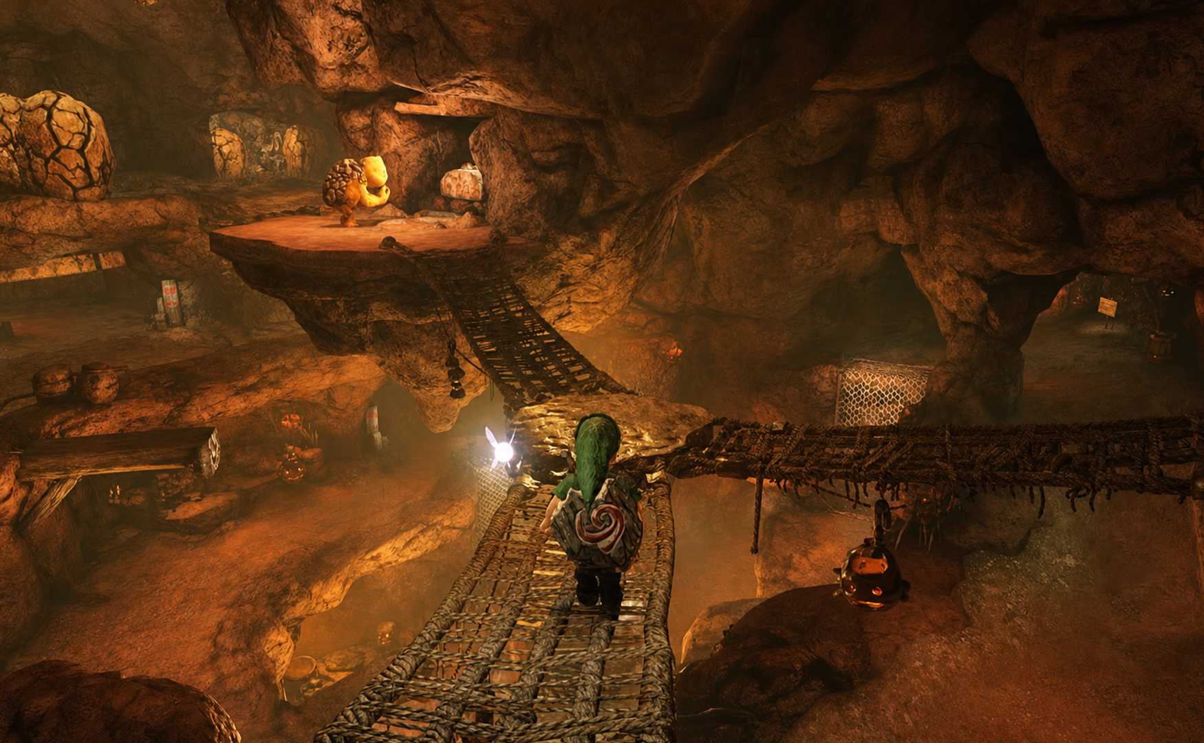 Link walking on a rope bridge in Goron City in the Zelda Ocarina of Time remake on Switch 2