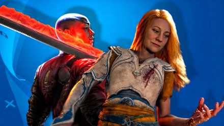 Main characters from God of War Laufey and Intergalactic The Heretic Prophet in front of blue Sony background