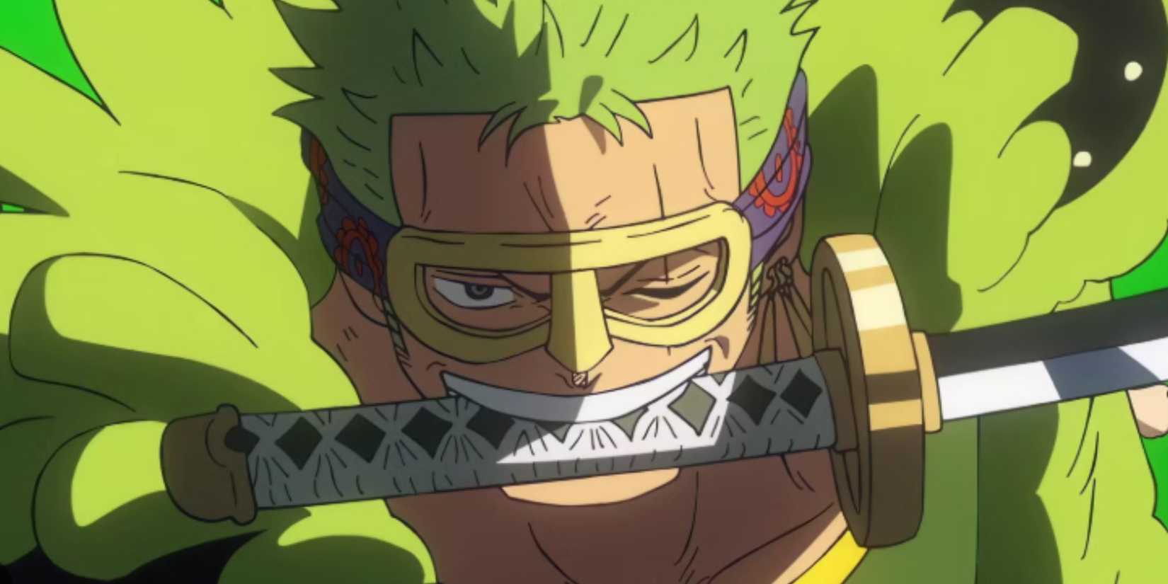 Zoro smiles with his sword in his mouth on Elbaph while fighting Gaban in One Piece.