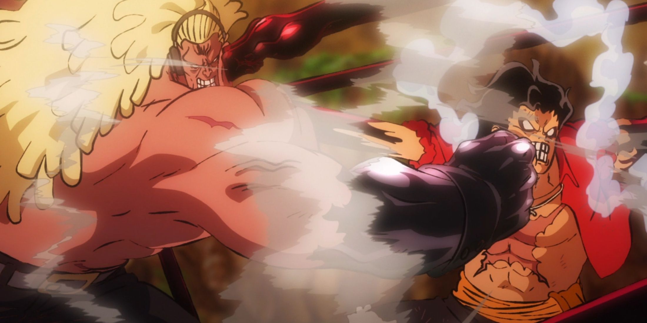 Douglas Bullet and Gear 4 Luffy punch each other with Armament Haki in One Piece: Stampede.