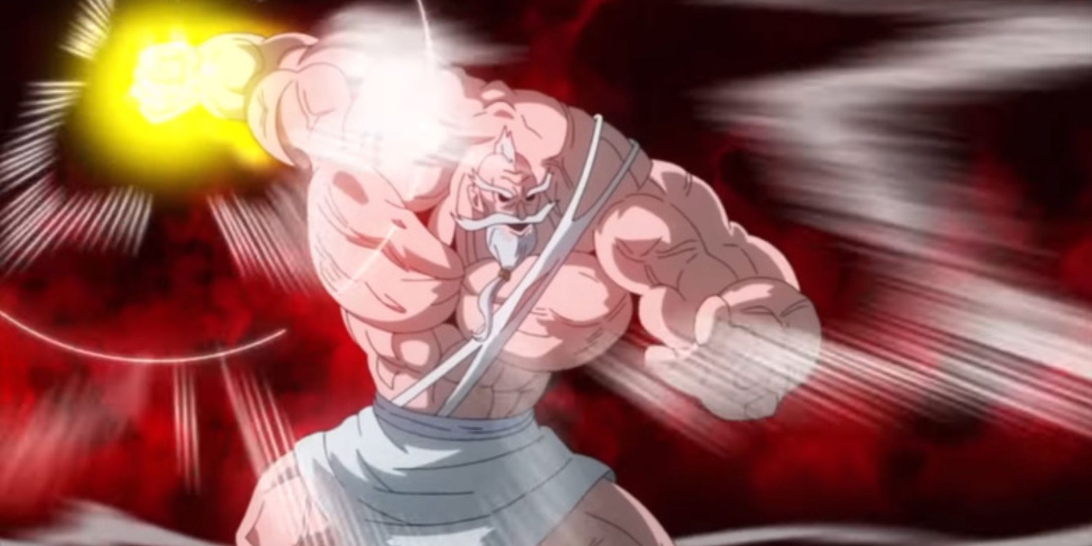 Zeus charges up a lighting fist while fighting Adam in Record of Ragnarok.