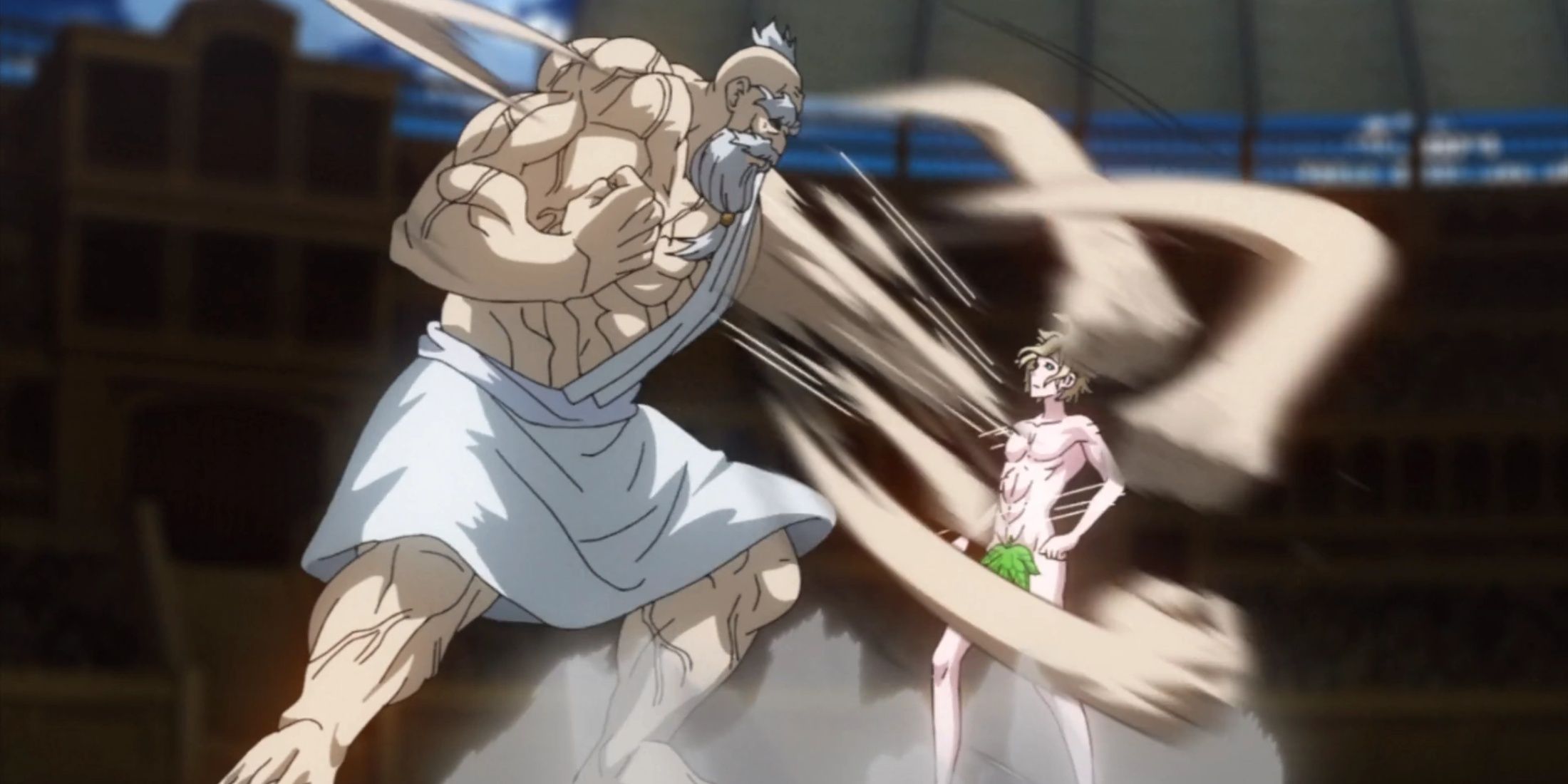 Adam dodges Zeus' punches during their fight in Record of Ragnarok.