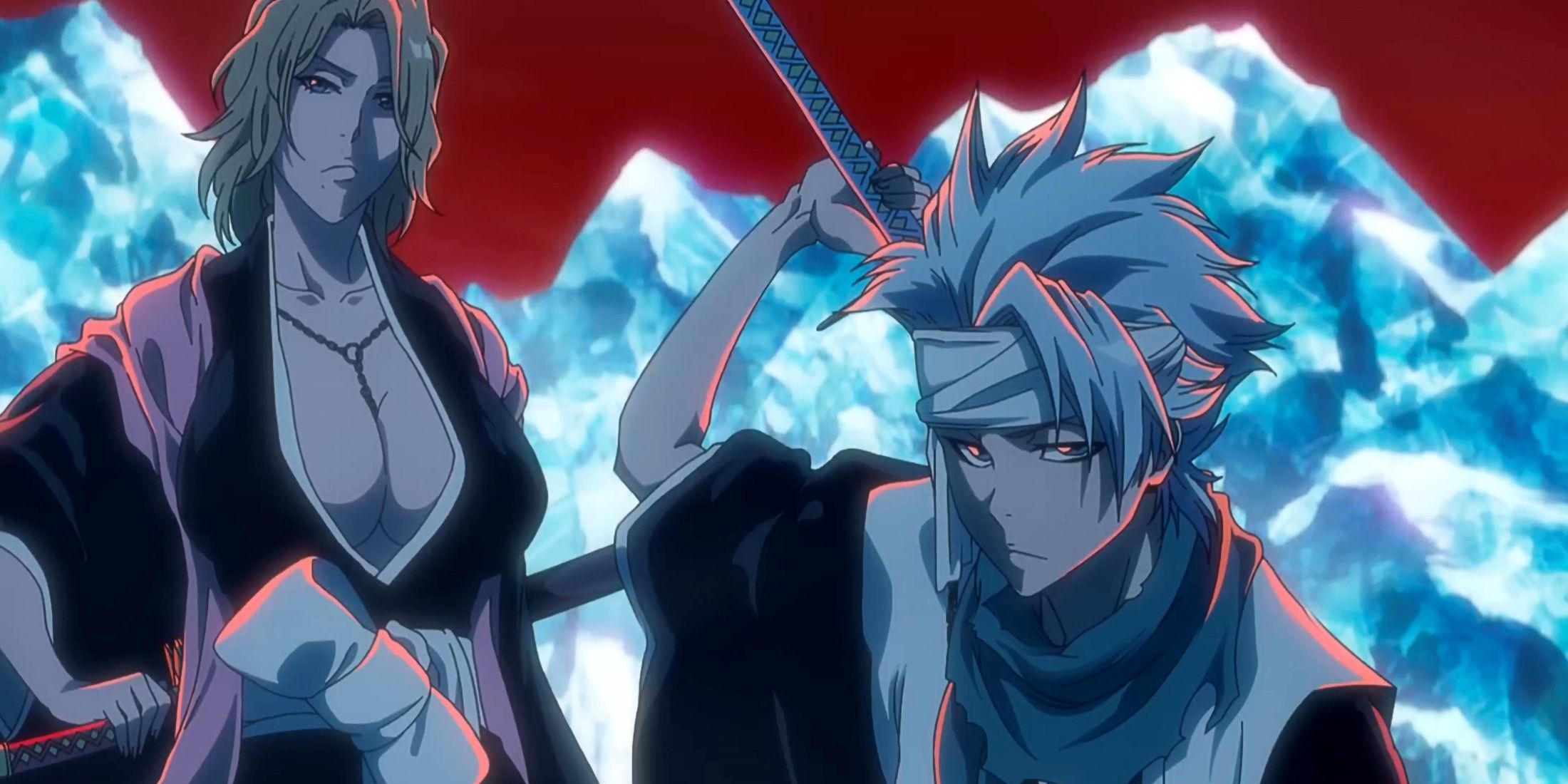 Rangiku Matsumoto and Toshiro Hitsugaya face Bazz-B during Bleach: TYBW.