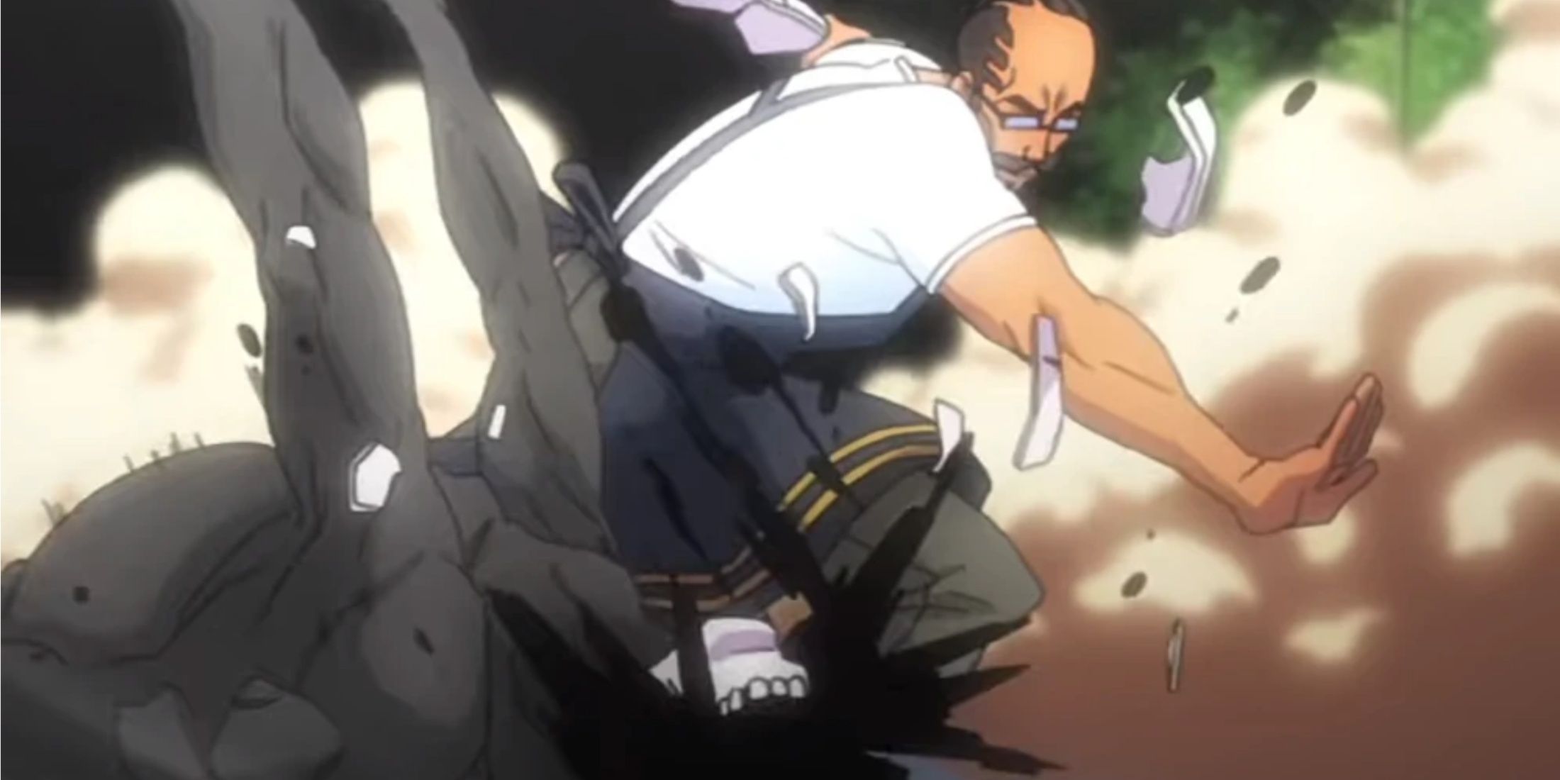 Tessai kills a Hollow with a palm thrust in the Human World in Bleach.