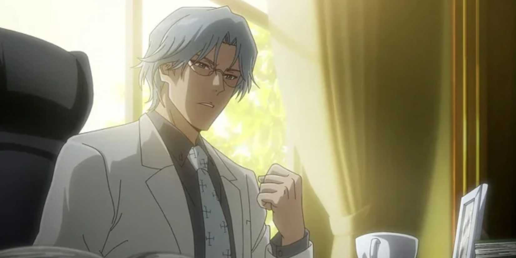 Ryuken Ishida attempts to reason with Uryu in his office in Bleach: The Thousand-Year Blood War.