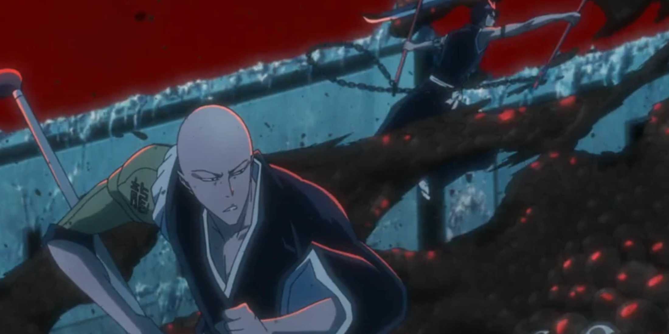Ikkaku fights off Yhwach's creatures with Shuhei in Bleach; The Thousand-Year Blood war.