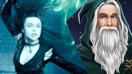A split image of Bellatrix Lestrange casting a spell and wizard Merlin in Harry Potter