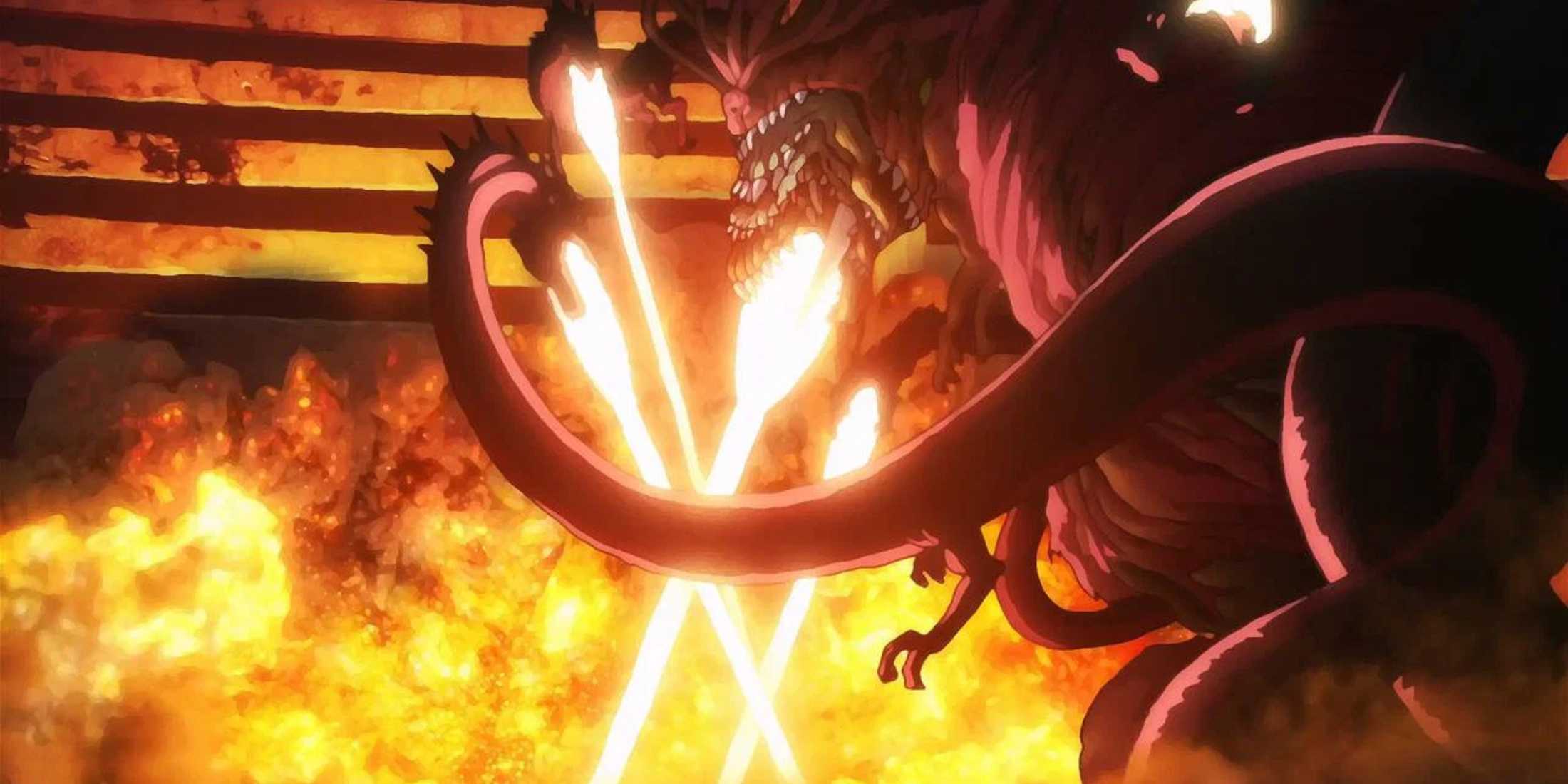 Monster King Orochi attempts to destroy Saitama with monster blasts in One-Punch Man.