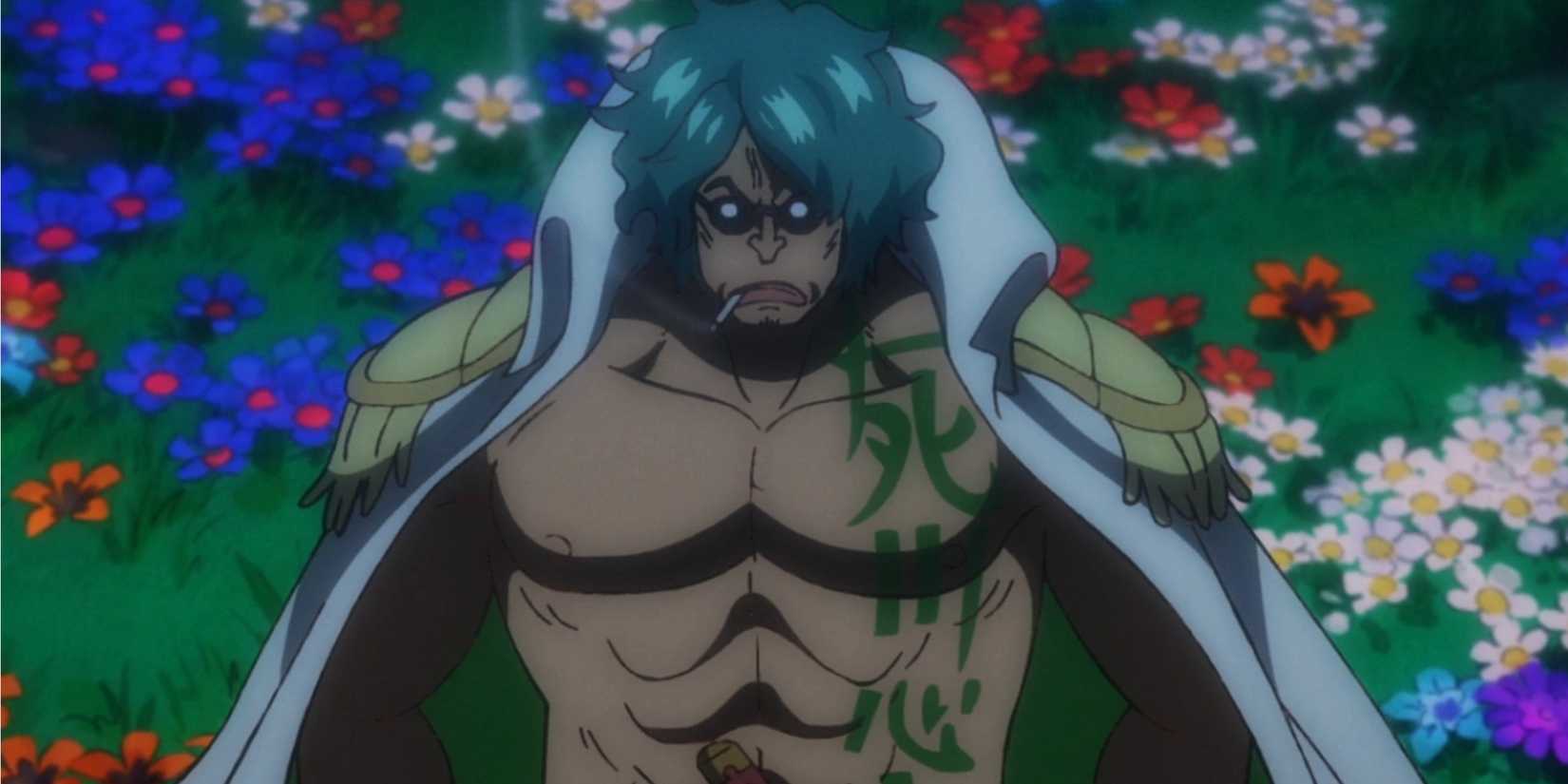 Admiral Ryokugyu creates plant-life while walking in Wano in One Piece.