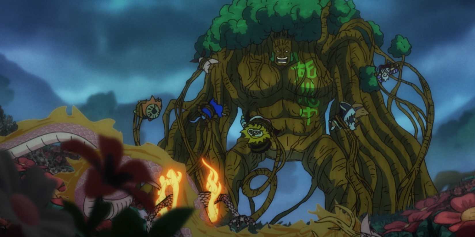 Admiral Ryokugyu overwhelms the warriors of Wano with his hulking plant form in One Piece