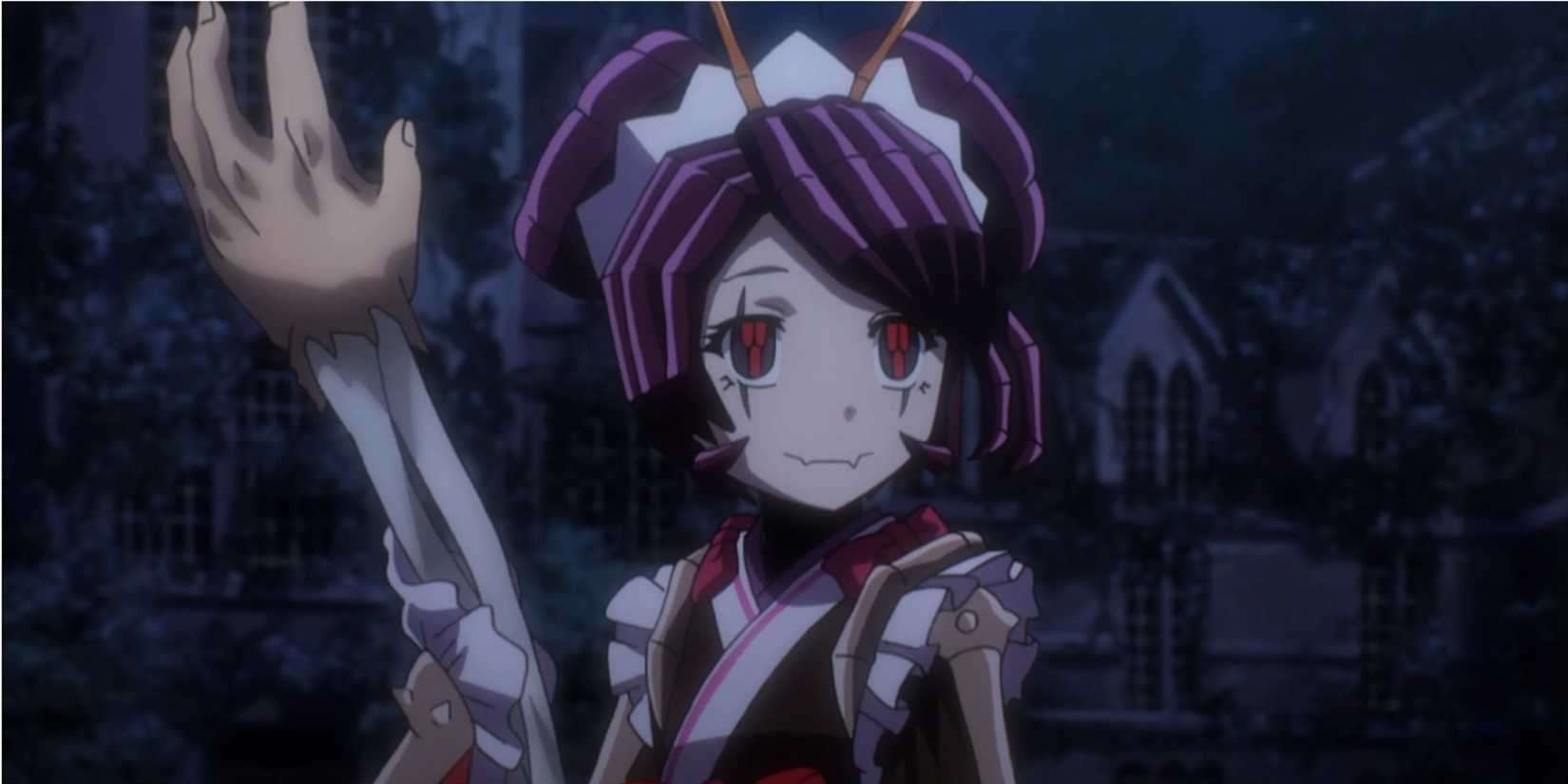 Entoma Vasilissa Zeta happily holds up a severed arm in Overlord.