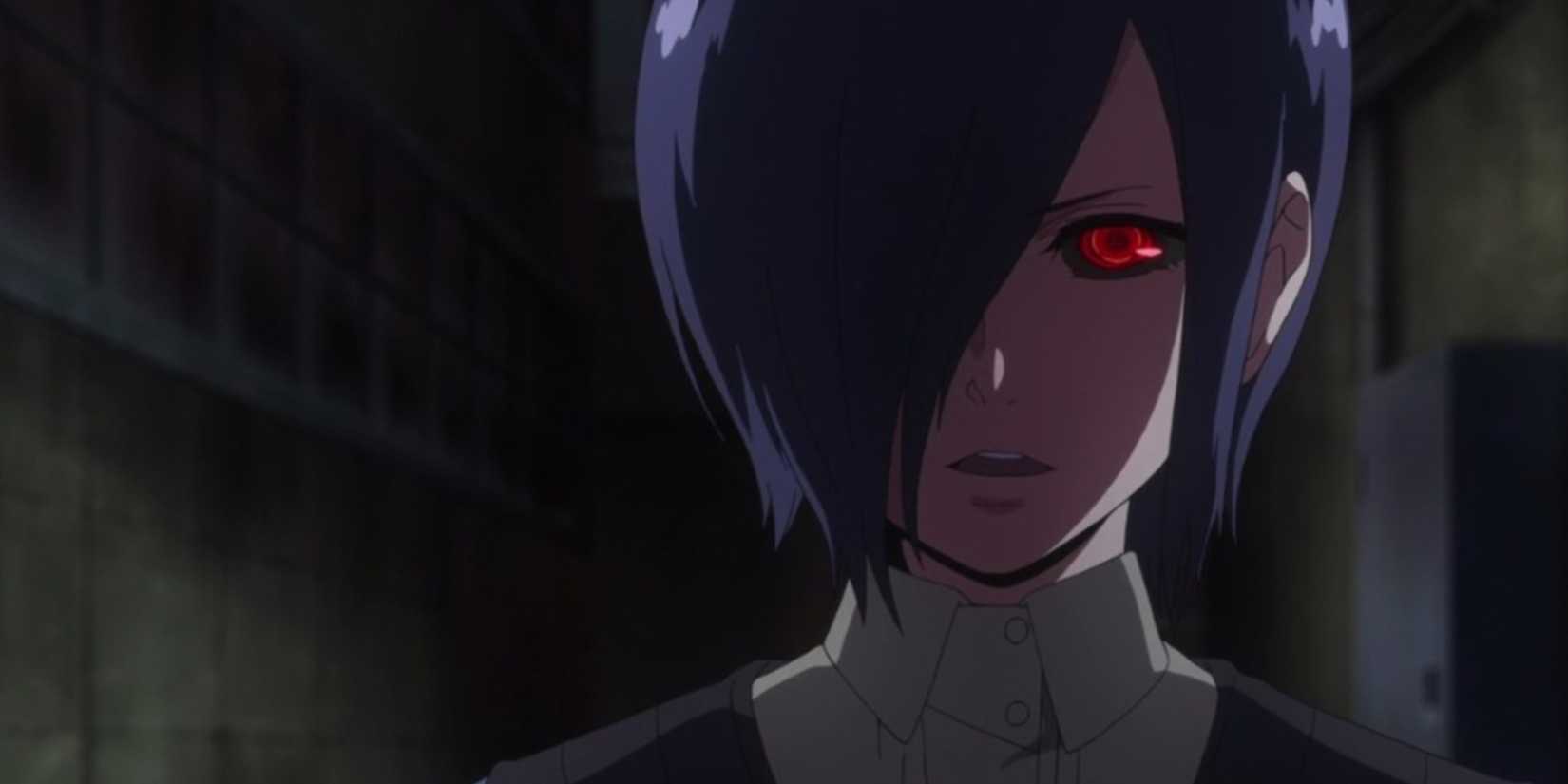 Touka speaks to Kaneki while her eyes turn red with her Ghoul powers manifesting in Tokyo Ghoul