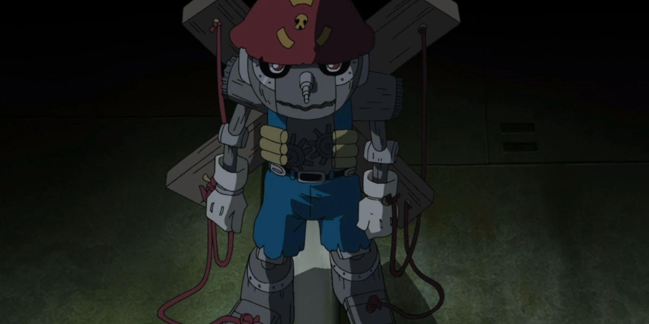 Puppetmon emerges from the shadows to face the DigiDestined in Digimon Adventure.