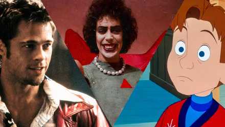 A split image of Tyler Durden in Fight Club, Dr. Frank n Furter in Rocky Horror, and Hogarth in Iron Giant