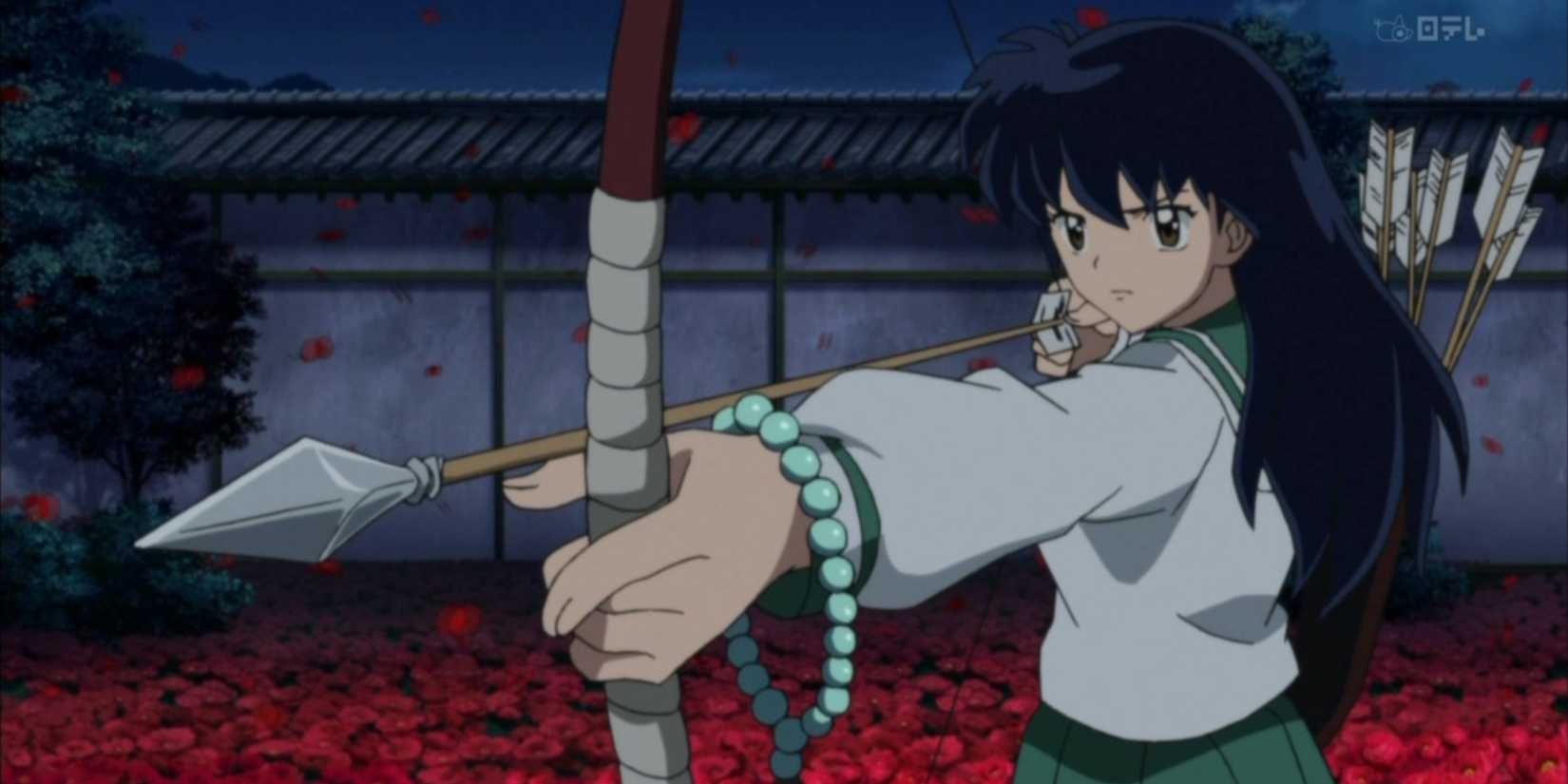 Kagome prepares to shoot her Sacred Arrow at Naraku in Inuyasha; The Final Act.