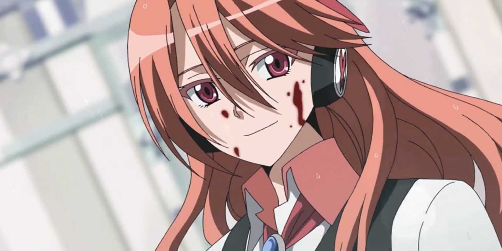 Chelsea smiles with fresh blood on her face after a kill in Akame Ga Kill!