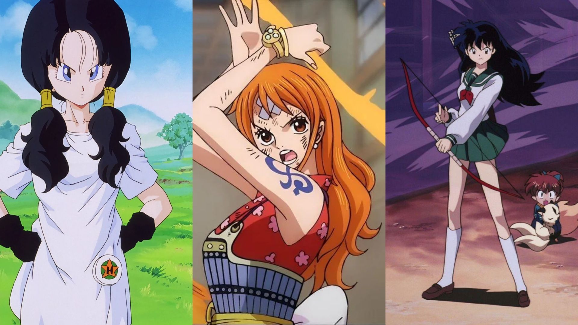 Videl from Dragon Ball Z, Nami from One Piece, and Kagome from Inuyasha all primed for action.