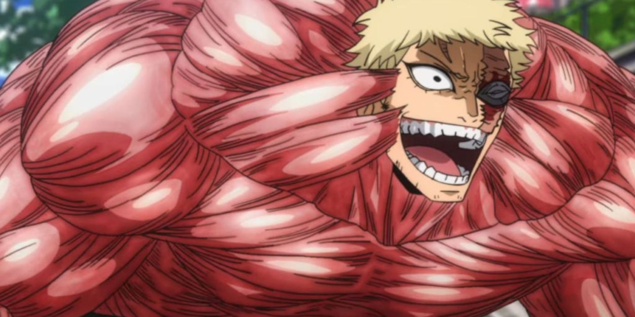 Muscular laughs maniacally at Izuku after activating his Quirk in My Hero Academia.