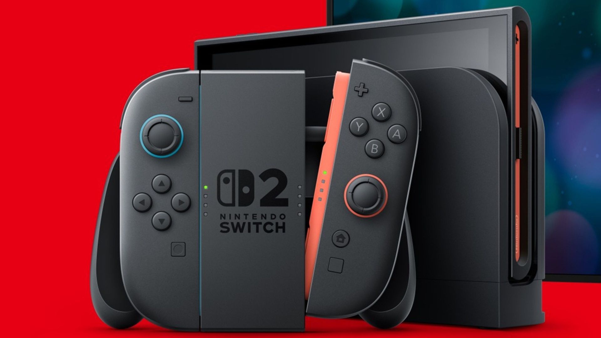 switch 2 console with red background