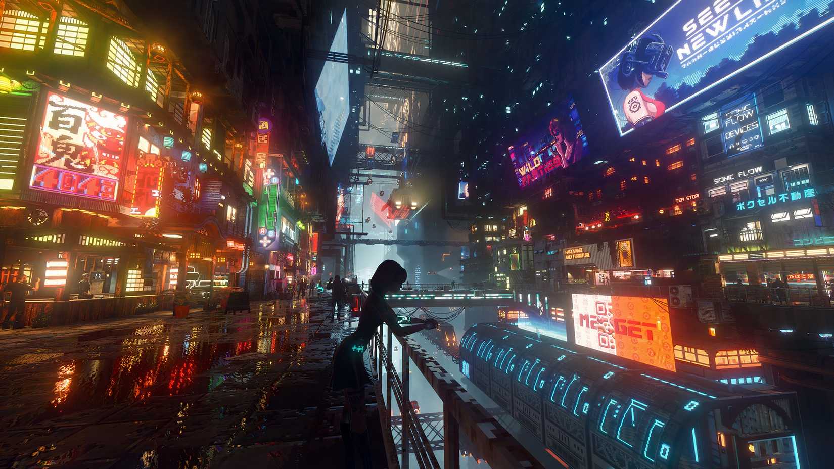 Girl leaning over balcony against cyberpunk vertical city