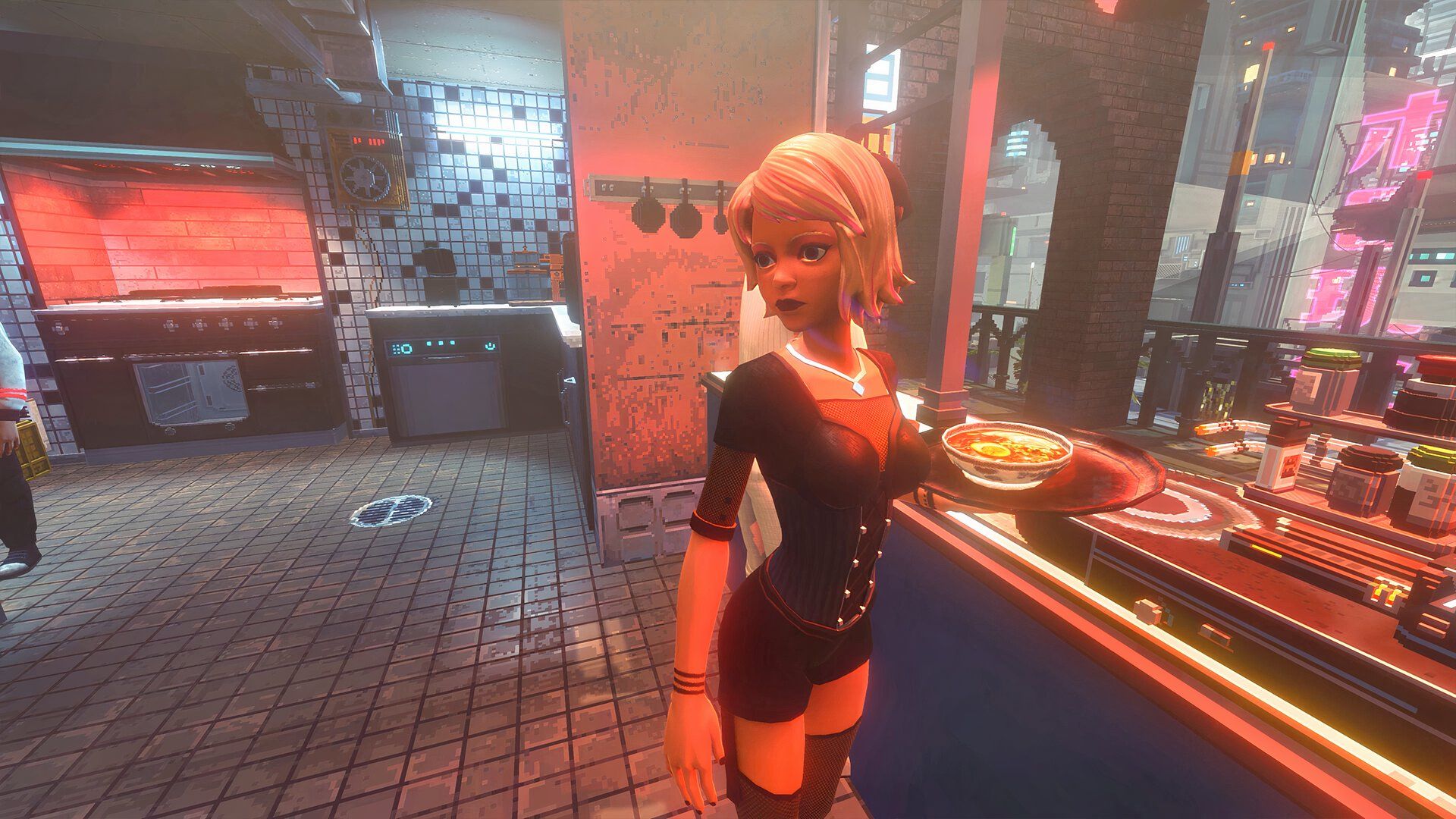 Waitress holding ramen bowl with an orange glow