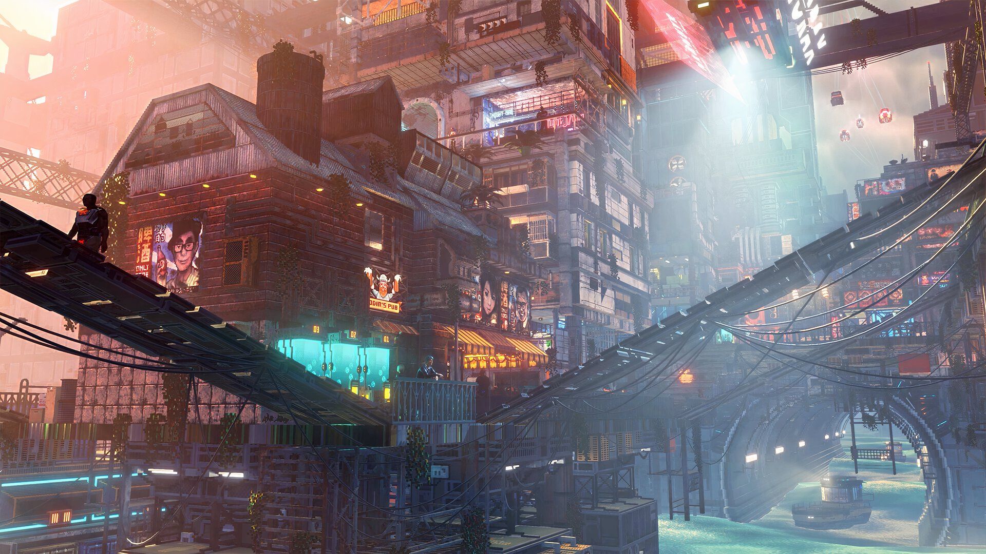 Dock and building by the water with cyberpunk background