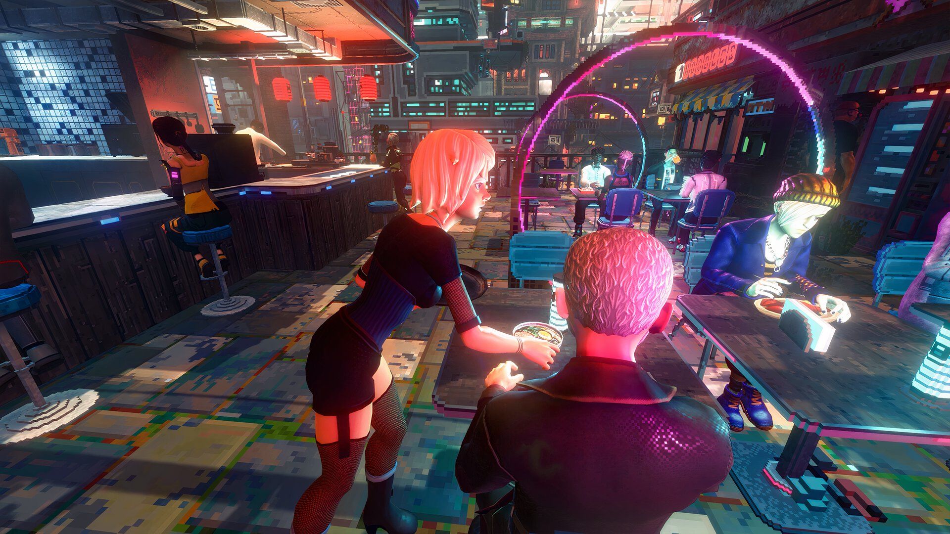 Bartender serving drink at cyberpunk bar