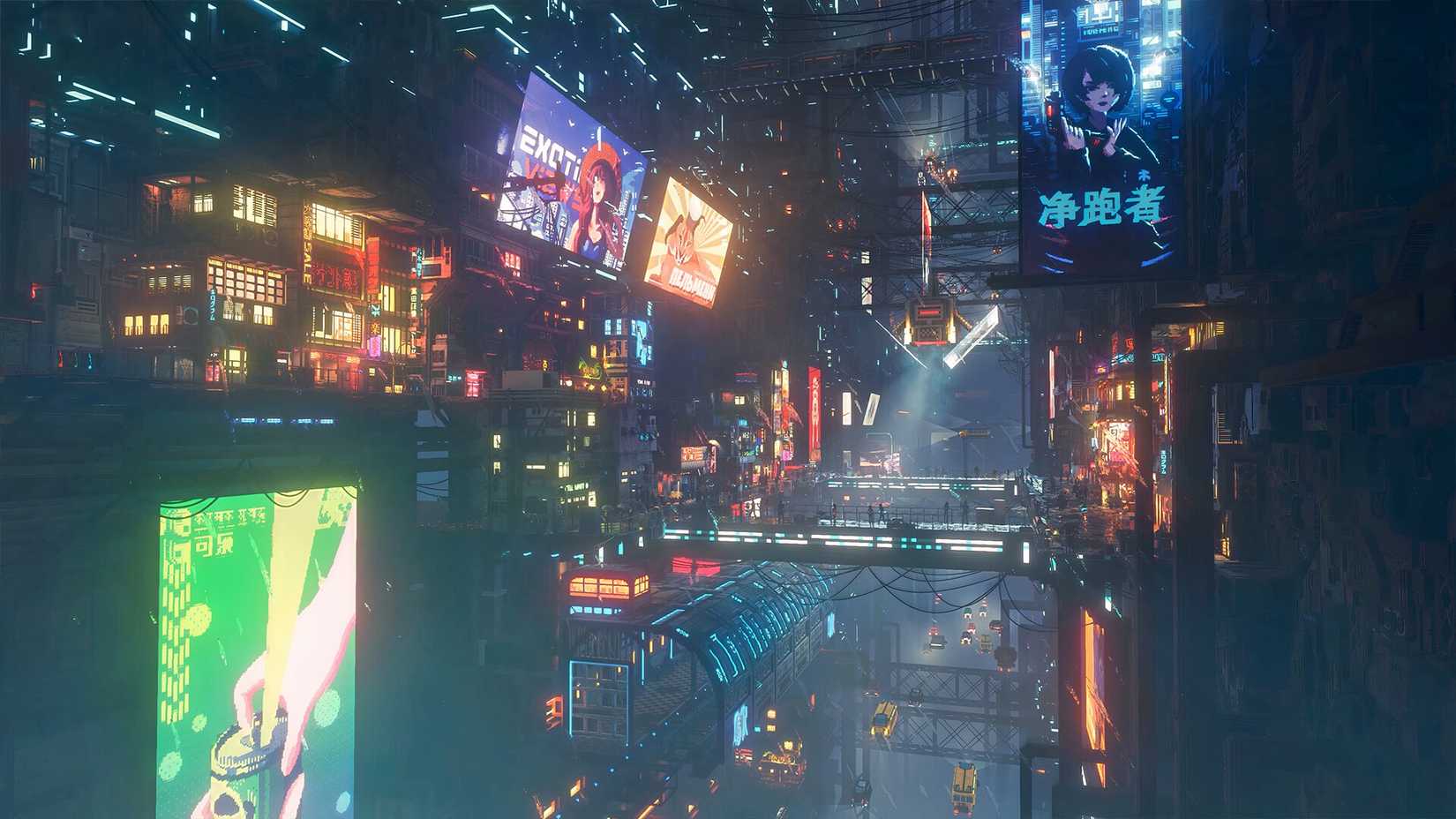 Vertical city with flashing screens and cyberpunk architecture