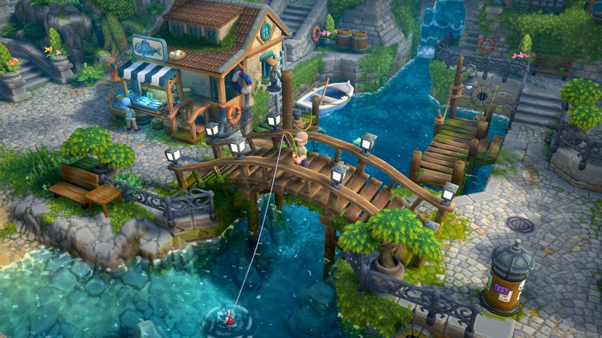 luma island player fishing on a bridge in the town.