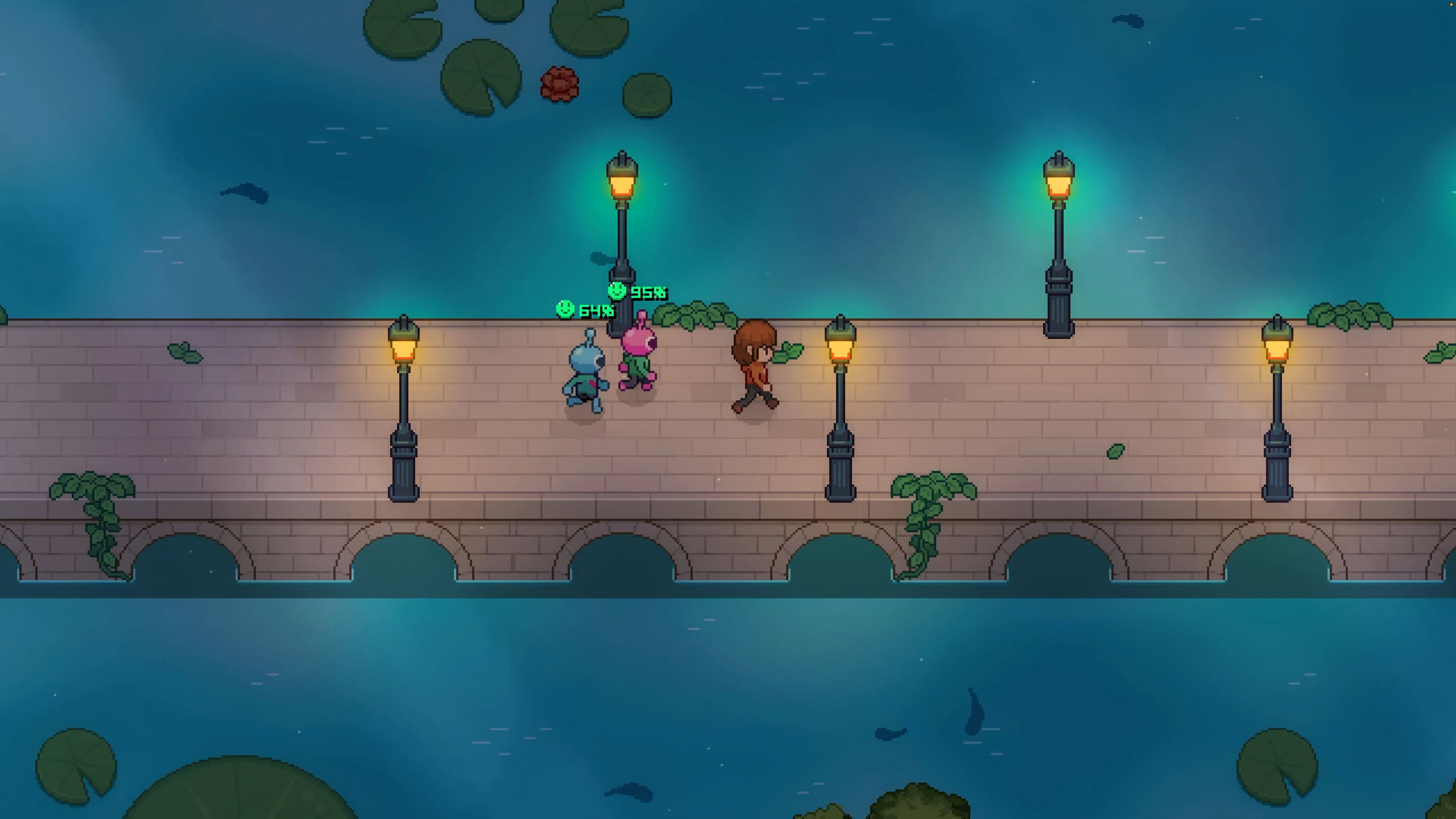 Game Life Sim Baru yang Mirip Stardew Valley dan Undertale di Steam Ini Punya Alur Tak Terduga 16 Player and monsters crossing bridge in Monsterest