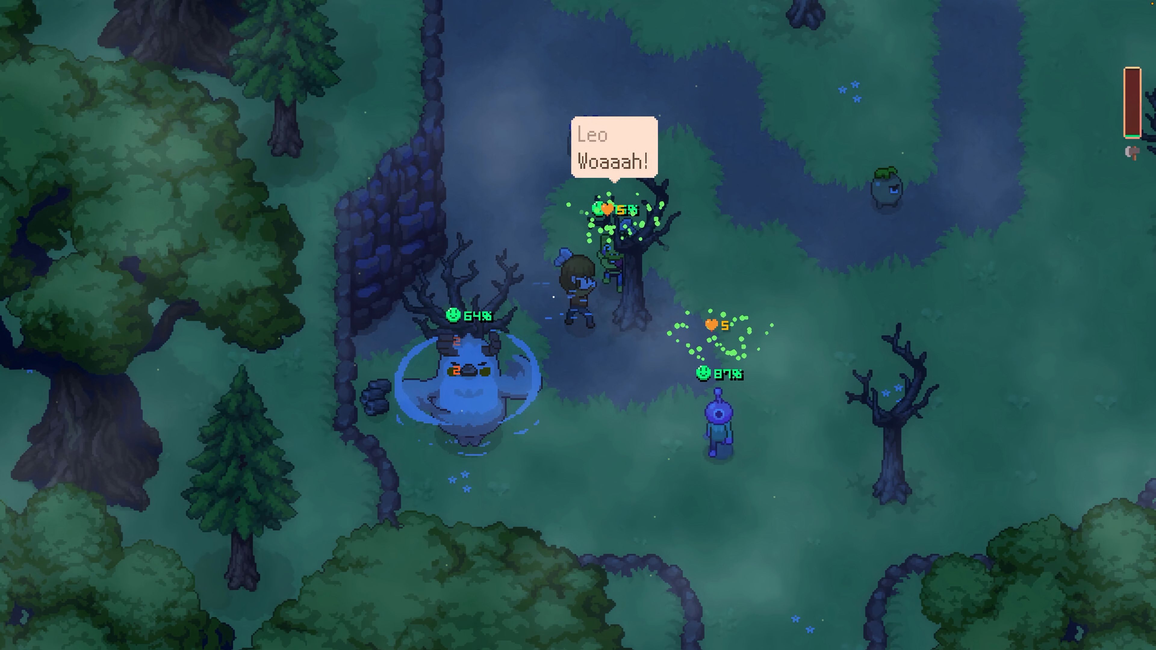 Player chopping down trees with monsters at night in Monsterest