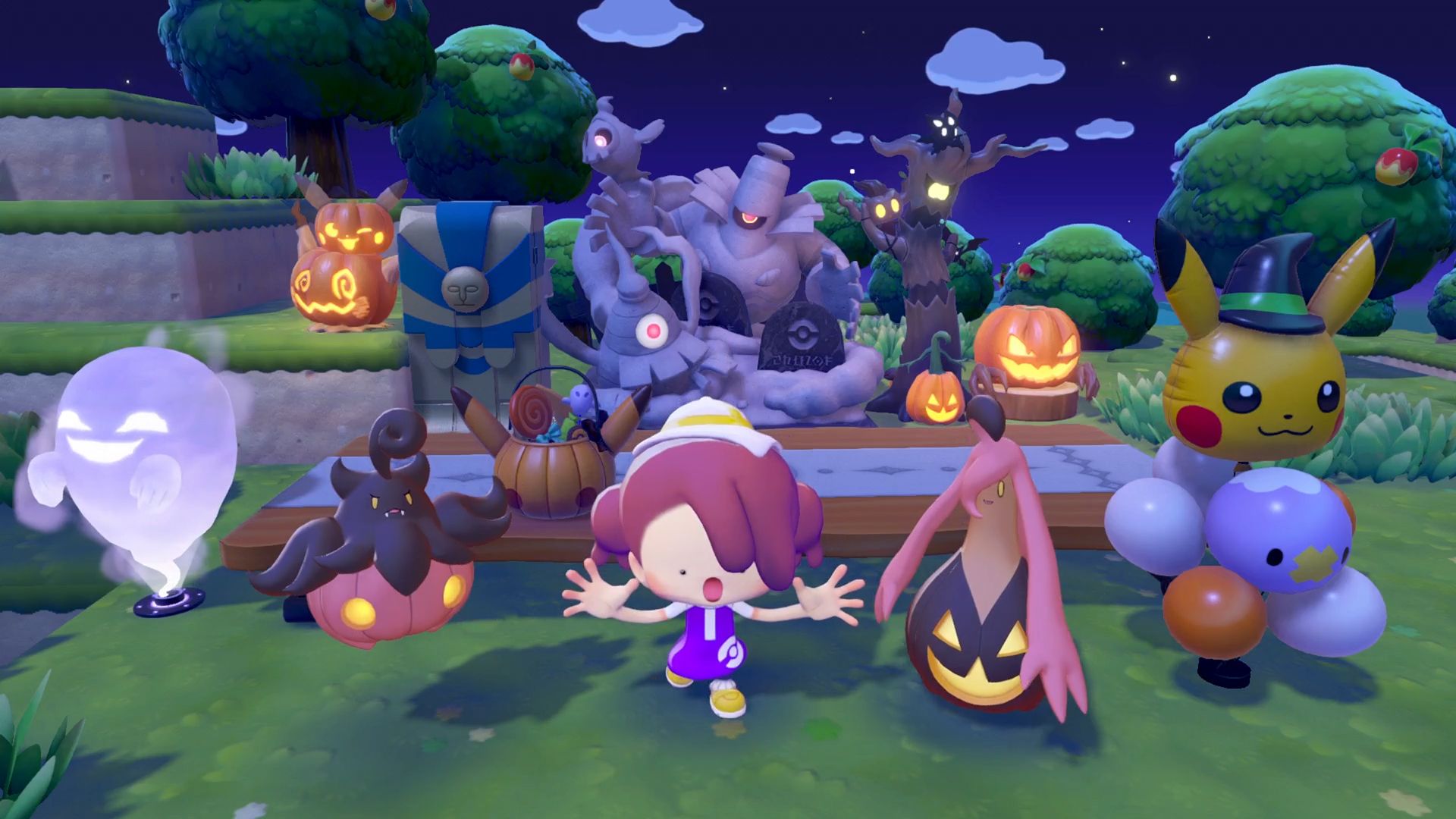 Pokemon Pokopia Ditto with Pumpkaboo and Gourgeist and Halloween decorations
