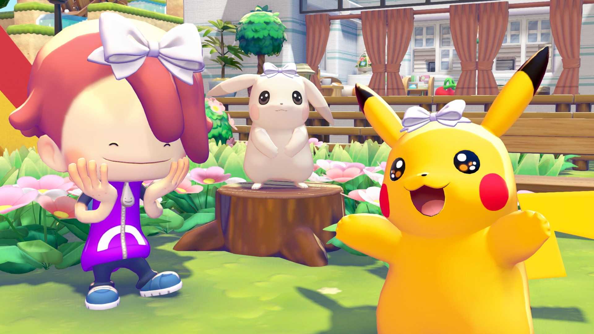 A picture of Ditto, Peakychu, and Pikachu from Pokemon Pokopia wearing ribbon accessories from the game's second DLC.