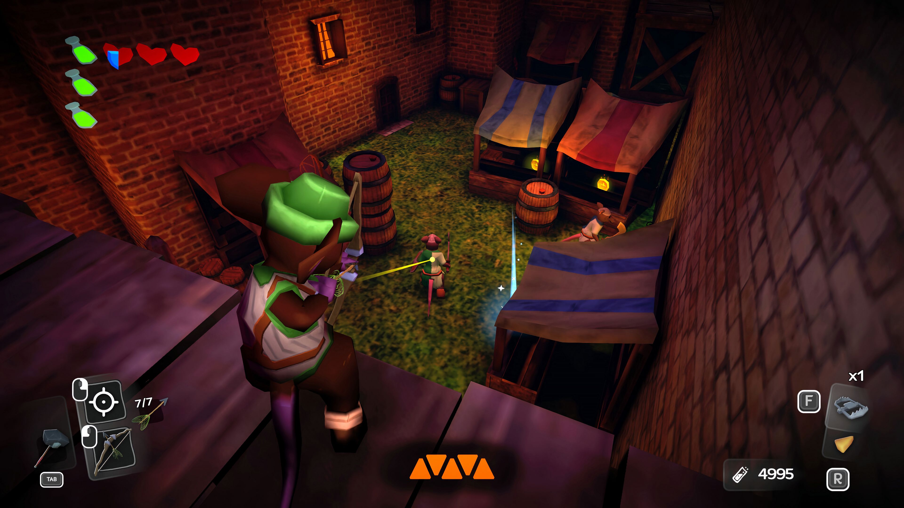 Protagonist firing an arrow at an enemy in Undertown in Mouseward