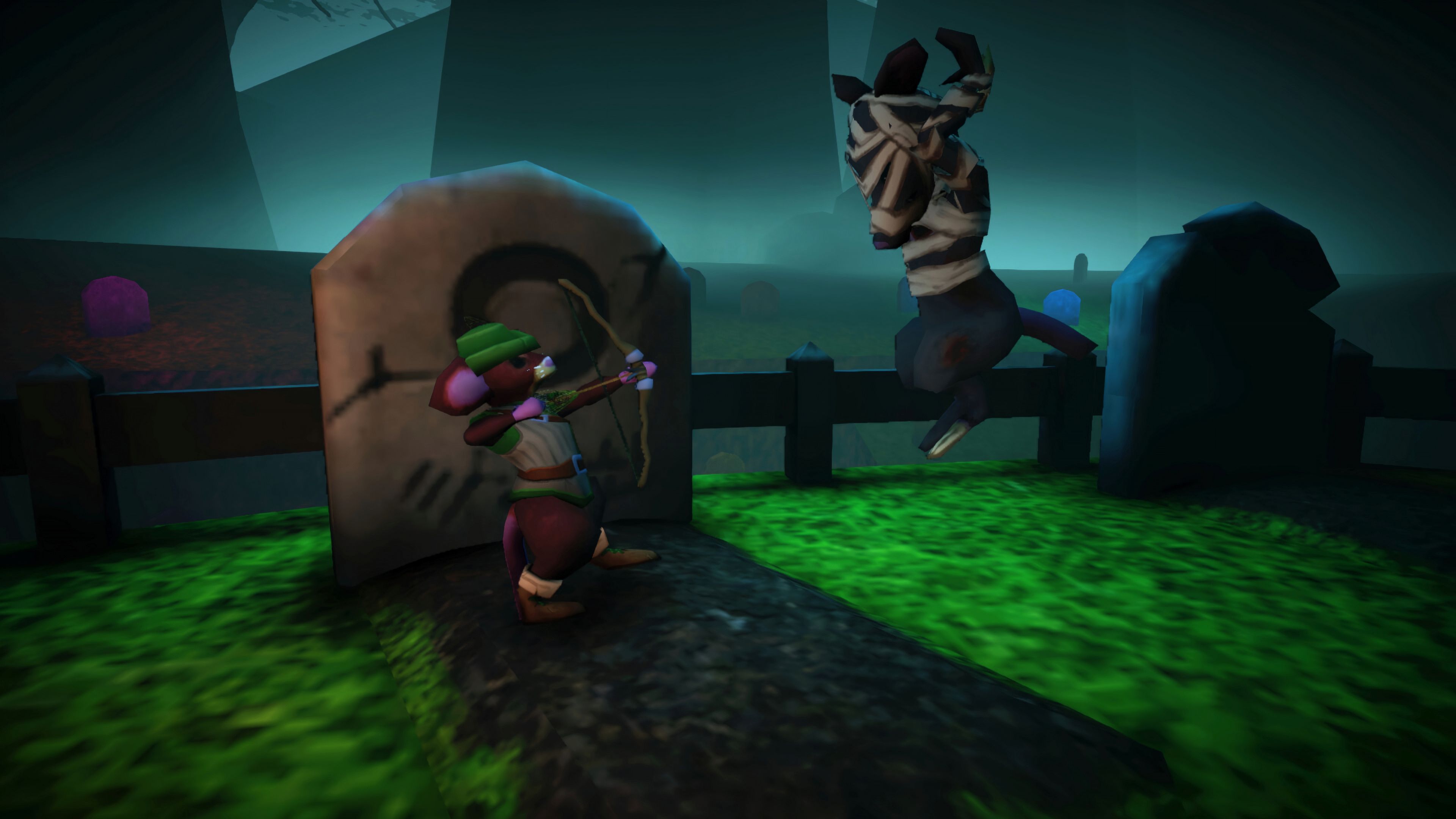 Protagonist preparing to fire his bow at an enemy in Mouseward